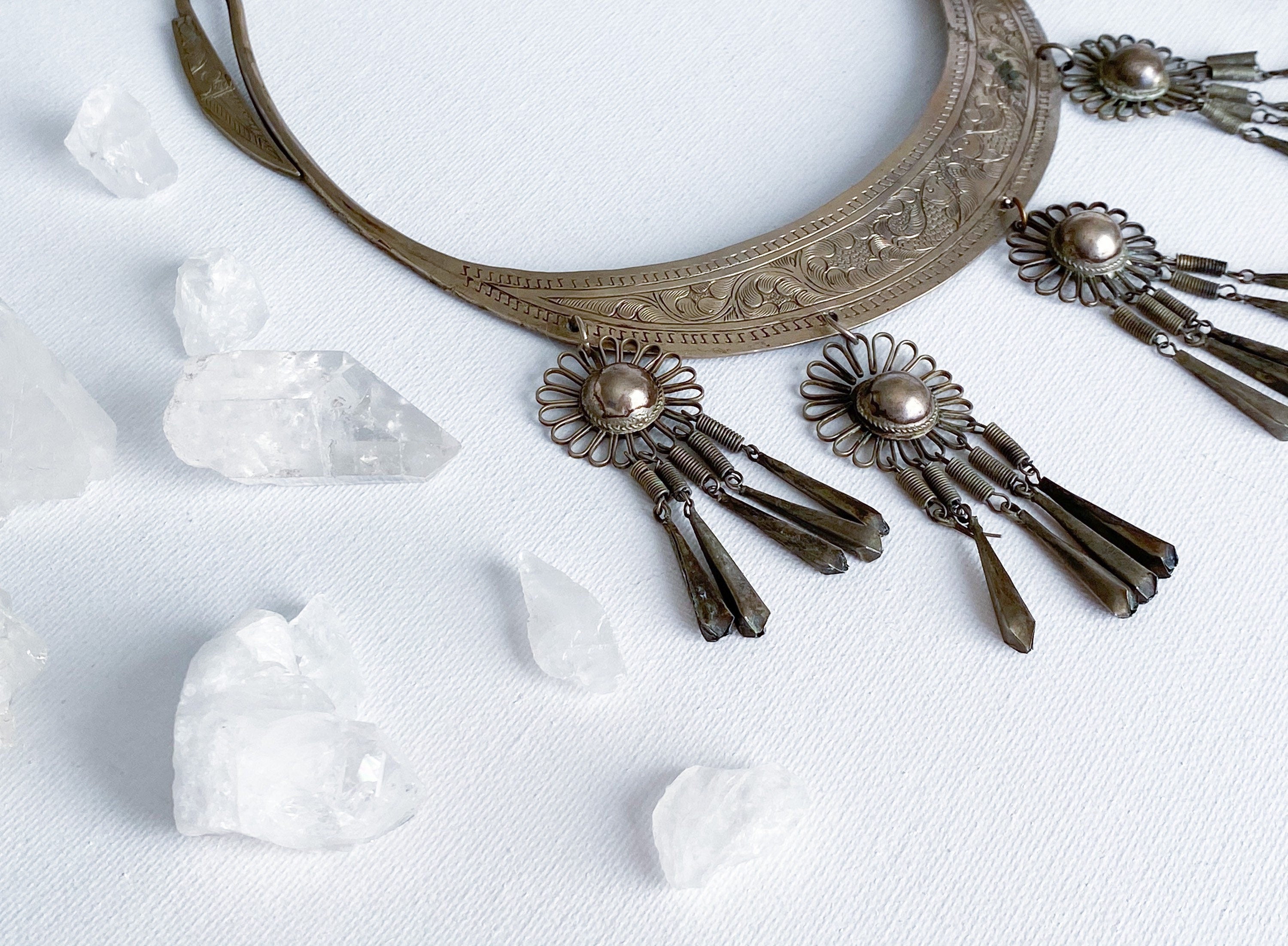 Pisces Necklace - Vintage Hmong Etched Silver Twin Fish Bib Necklace/Collar Necklace/Choker Necklace/Statement Necklace/Unique Necklace
