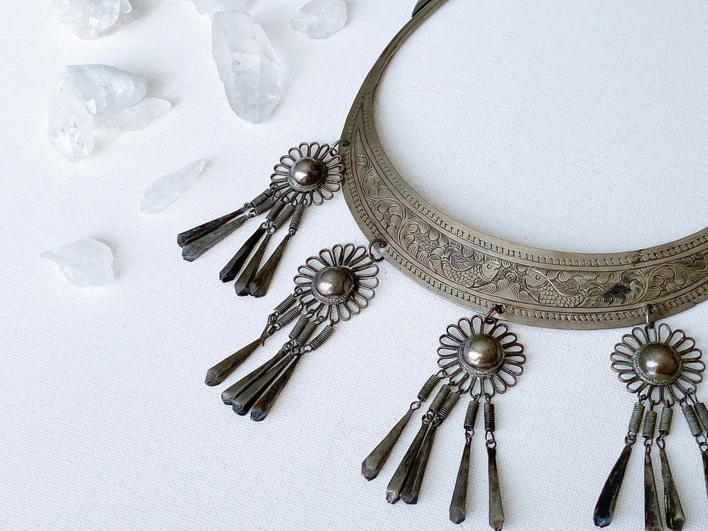 Pisces Necklace - Vintage Hmong Etched Silver Twin Fish Bib Necklace/Collar Necklace/Choker Necklace/Statement Necklace/Unique Necklace