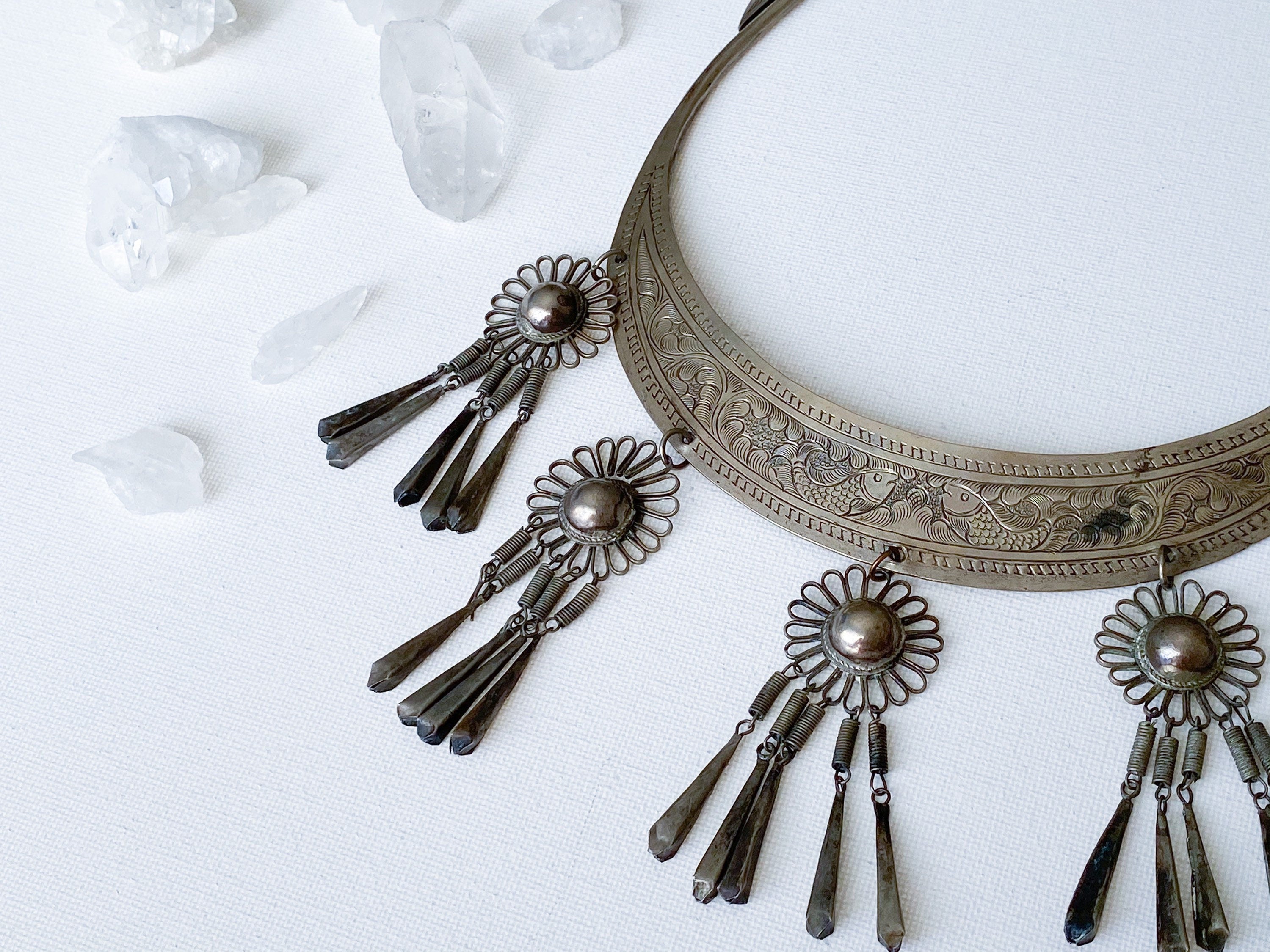 Pisces Necklace - Vintage Hmong Etched Silver Twin Fish Bib Necklace/Collar Necklace/Choker Necklace/Statement Necklace/Unique Necklace