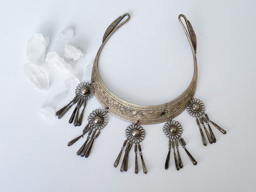Pisces Necklace - Vintage Hmong Etched Silver Twin Fish Bib Necklace/Collar Necklace/Choker Necklace/Statement Necklace/Unique Necklace