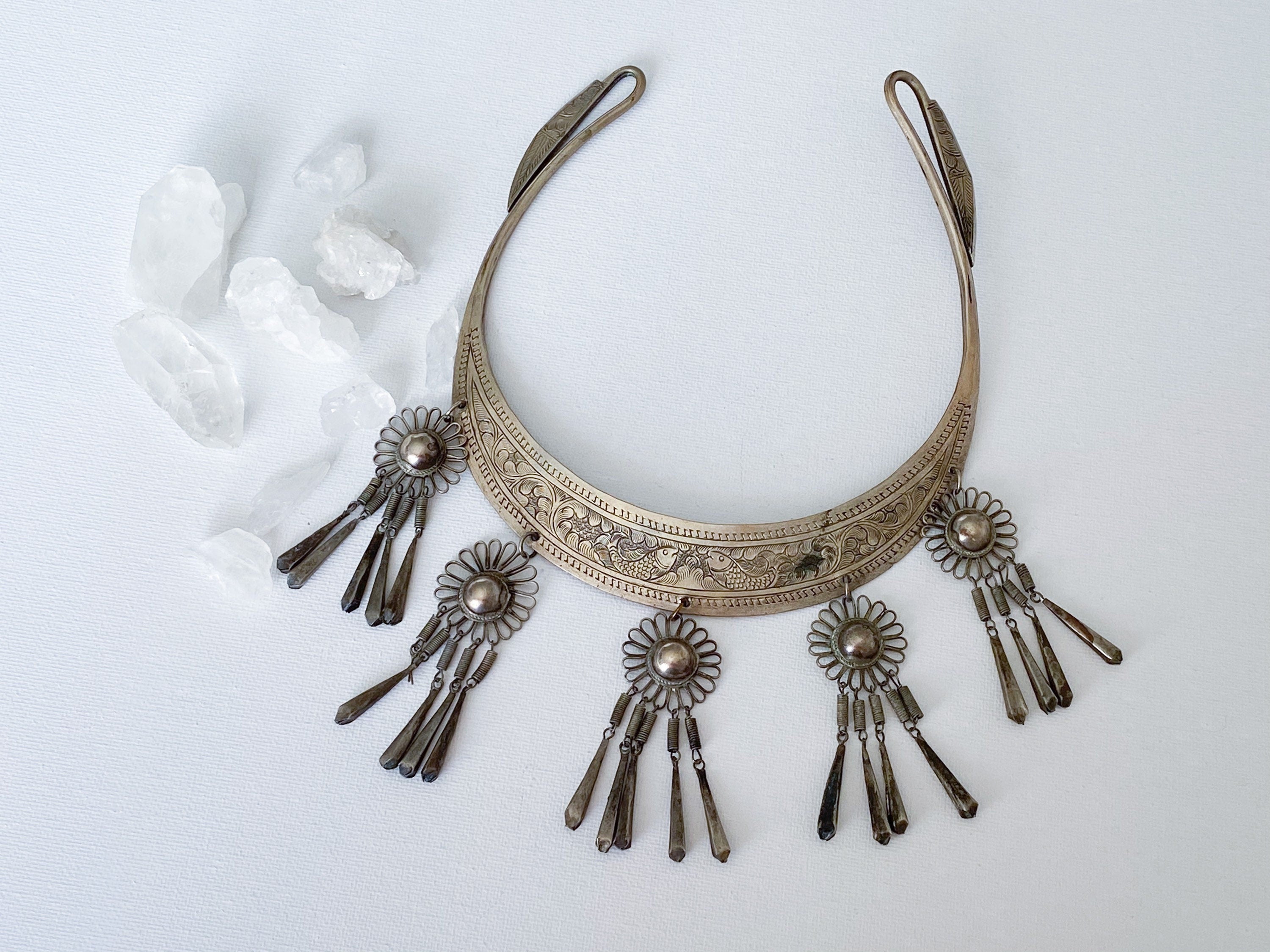 Pisces Necklace - Vintage Hmong Etched Silver Twin Fish Bib Necklace/Collar Necklace/Choker Necklace/Statement Necklace/Unique Necklace