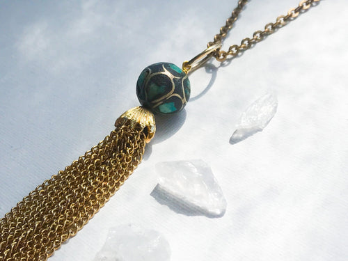 Casablanca Necklace - Vintage Blue and Green Mosaic Moroccan Bead, Gold-Tone Handmade Tassel & Reclaimed Chain Statement Necklace/Layering