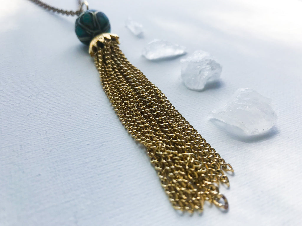 Casablanca Necklace - Vintage Blue and Green Mosaic Moroccan Bead, Gold-Tone Handmade Tassel & Reclaimed Chain Statement Necklace/Layering