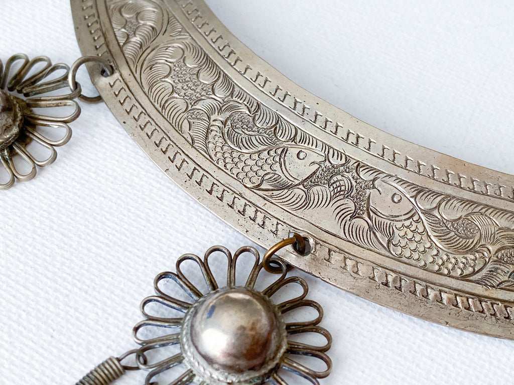Pisces Necklace - Vintage Hmong Etched Silver Twin Fish Bib Necklace/Collar Necklace/Choker Necklace/Statement Necklace/Unique Necklace