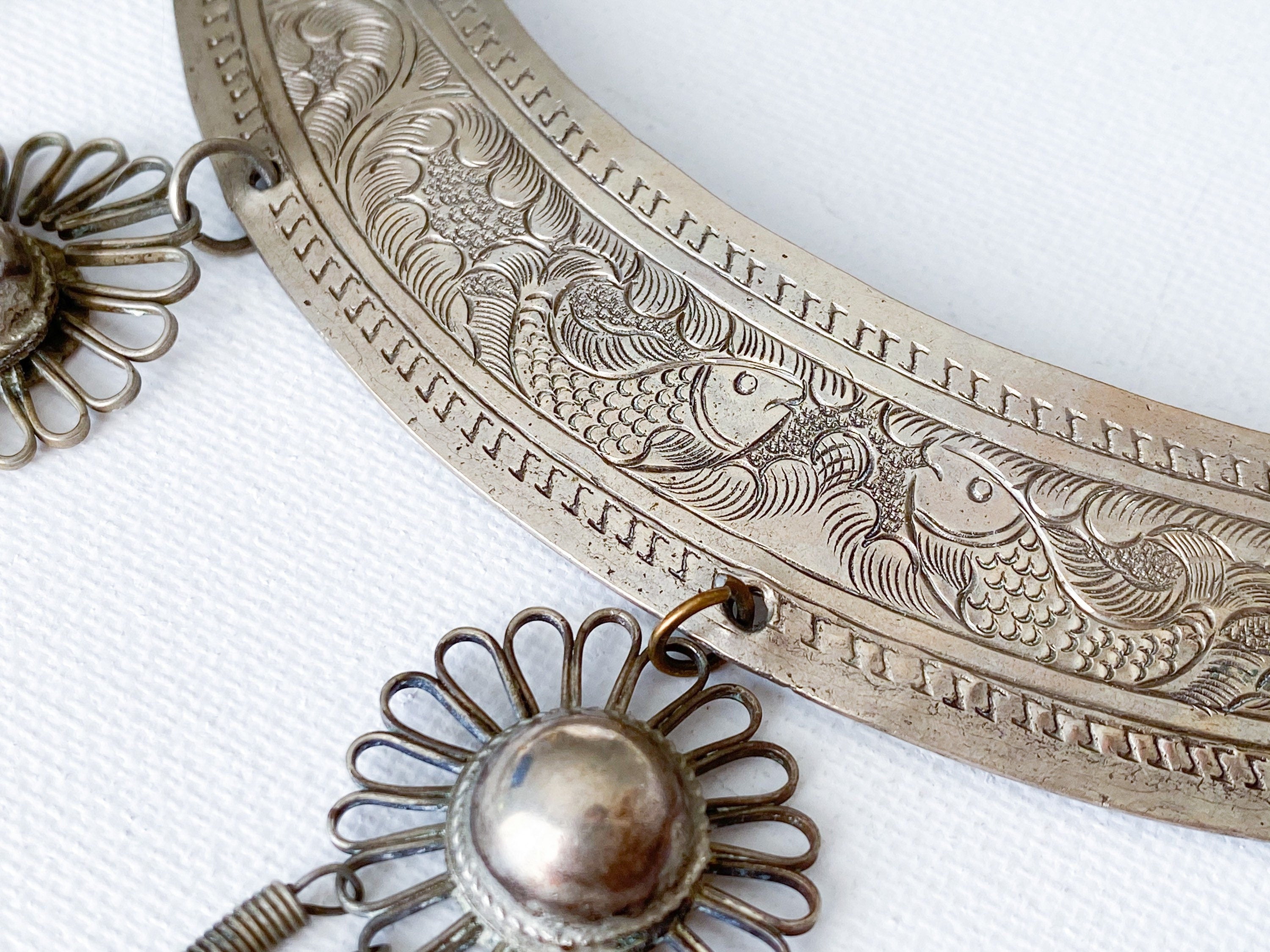 Pisces Necklace - Vintage Hmong Etched Silver Twin Fish Bib Necklace/Collar Necklace/Choker Necklace/Statement Necklace/Unique Necklace