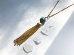 Casablanca Necklace - Vintage Blue and Green Mosaic Moroccan Bead, Gold-Tone Handmade Tassel & Reclaimed Chain Statement Necklace/Layering