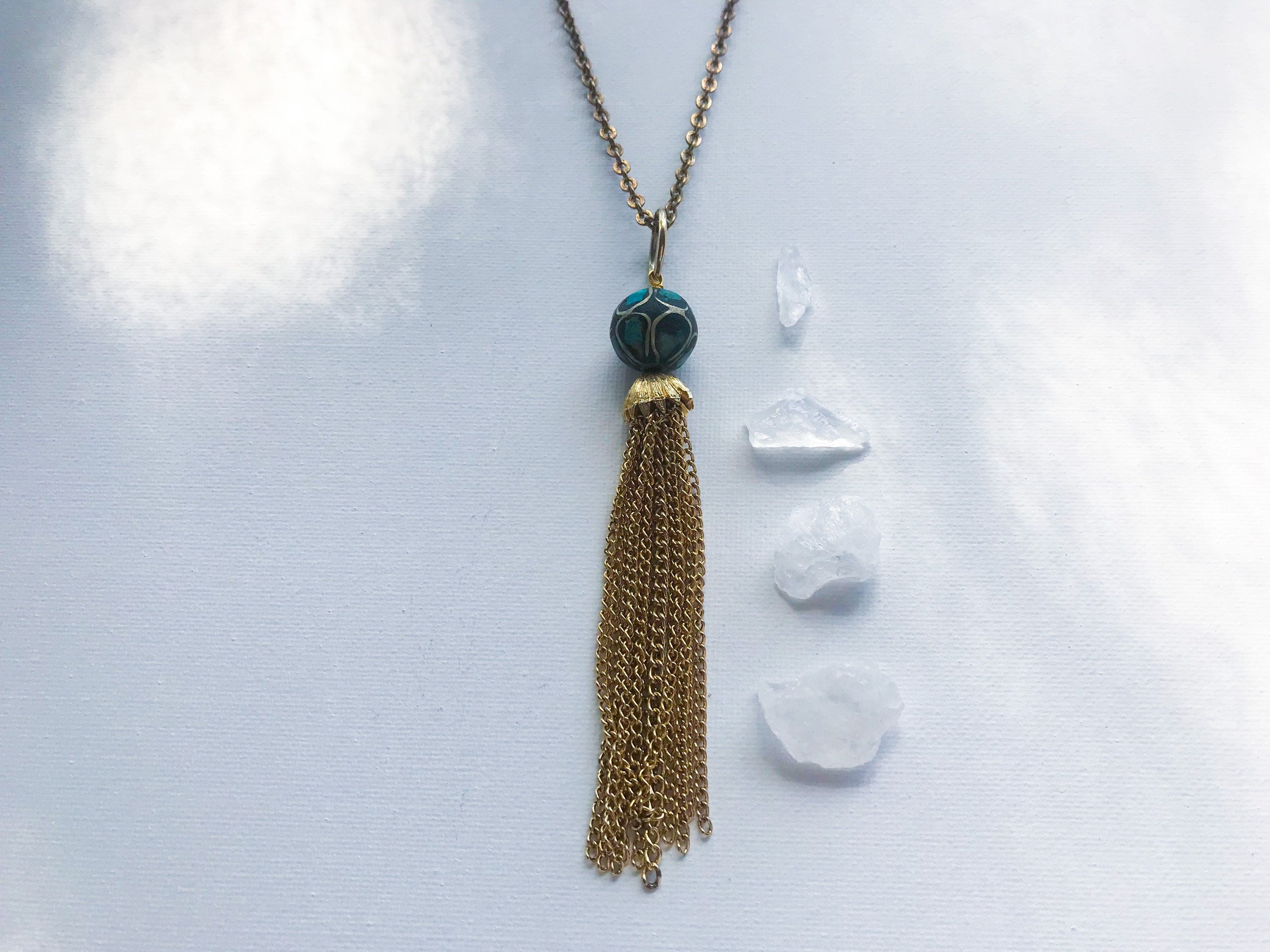 Casablanca Necklace - Vintage Blue and Green Mosaic Moroccan Bead, Gold-Tone Handmade Tassel & Reclaimed Chain Statement Necklace/Layering