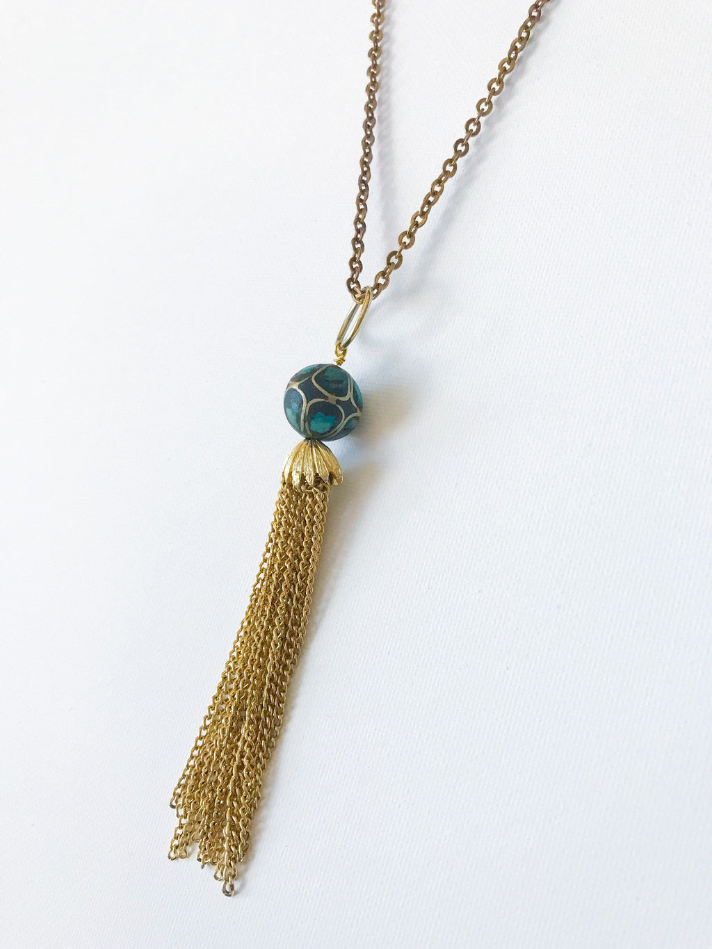 Casablanca Necklace - Vintage Blue and Green Mosaic Moroccan Bead, Gold-Tone Handmade Tassel & Reclaimed Chain Statement Necklace/Layering