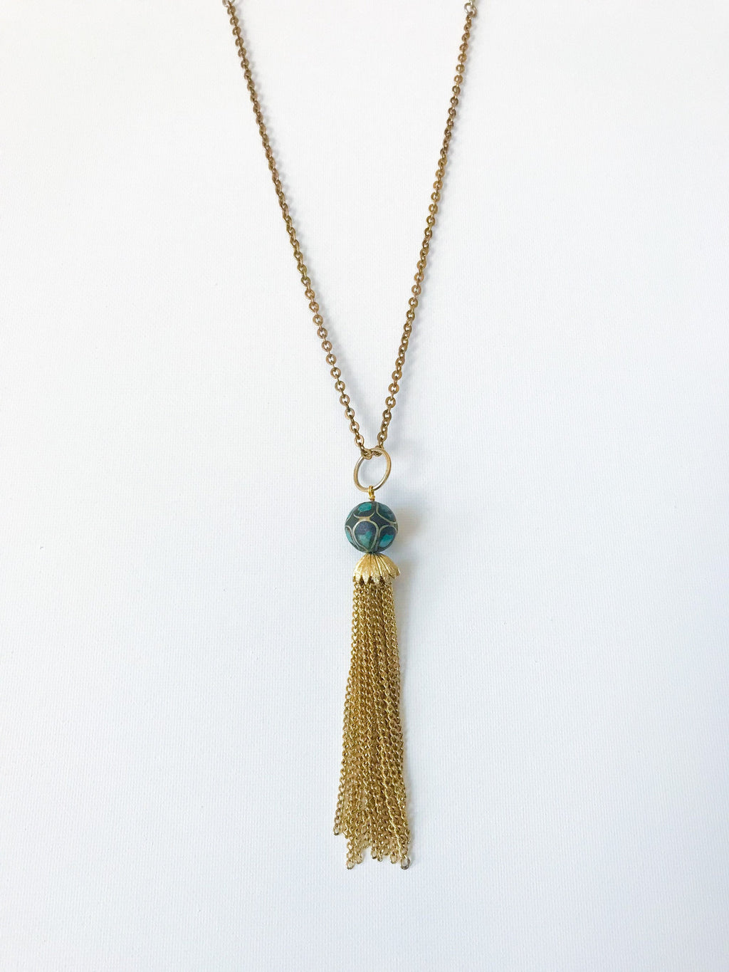 Casablanca Necklace - Vintage Blue and Green Mosaic Moroccan Bead, Gold-Tone Handmade Tassel & Reclaimed Chain Statement Necklace/Layering