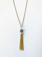 Casablanca Necklace - Vintage Blue and Green Mosaic Moroccan Bead, Gold-Tone Handmade Tassel & Reclaimed Chain Statement Necklace/Layering