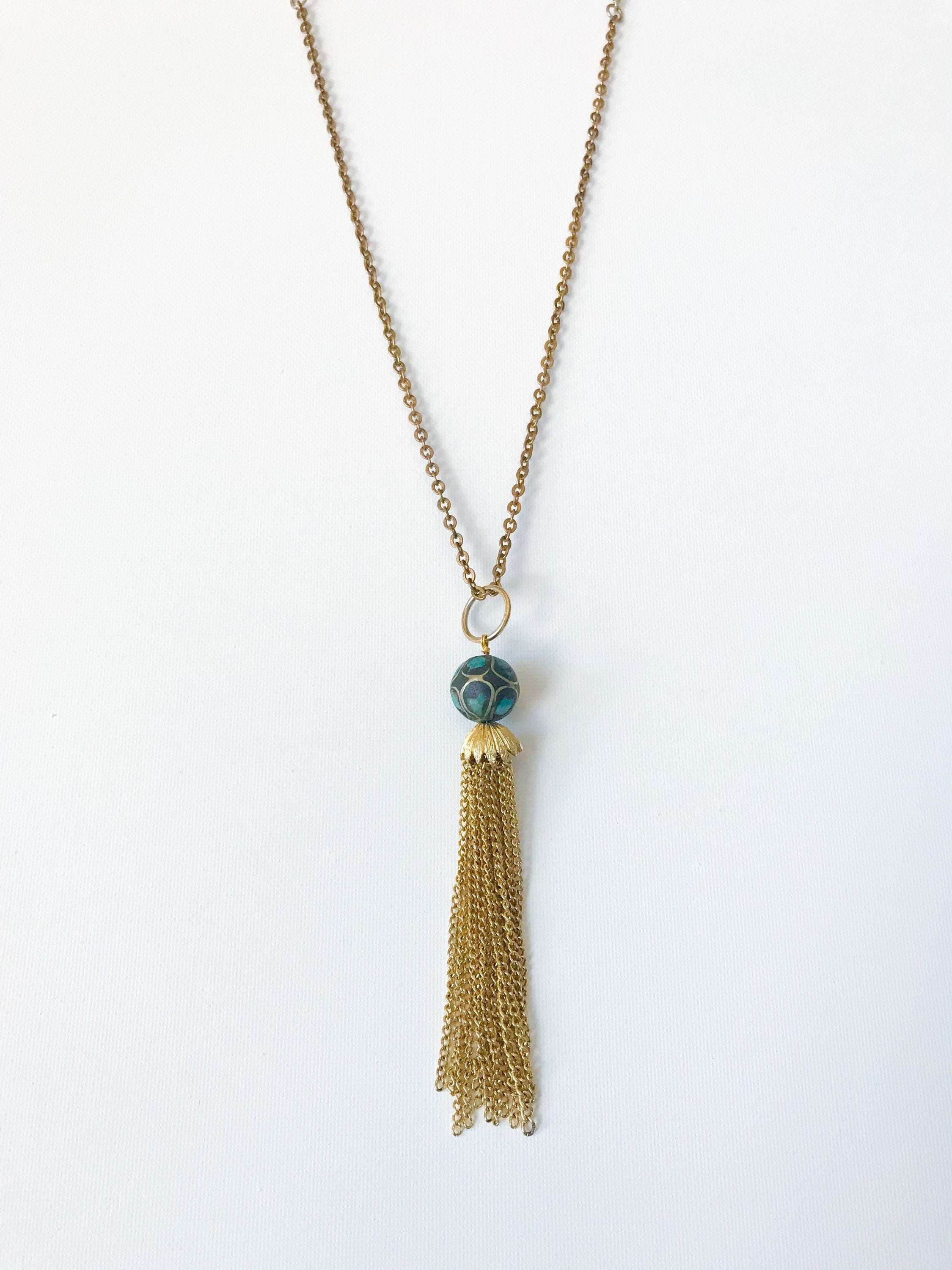Casablanca Necklace - Vintage Blue and Green Mosaic Moroccan Bead, Gold-Tone Handmade Tassel & Reclaimed Chain Statement Necklace/Layering