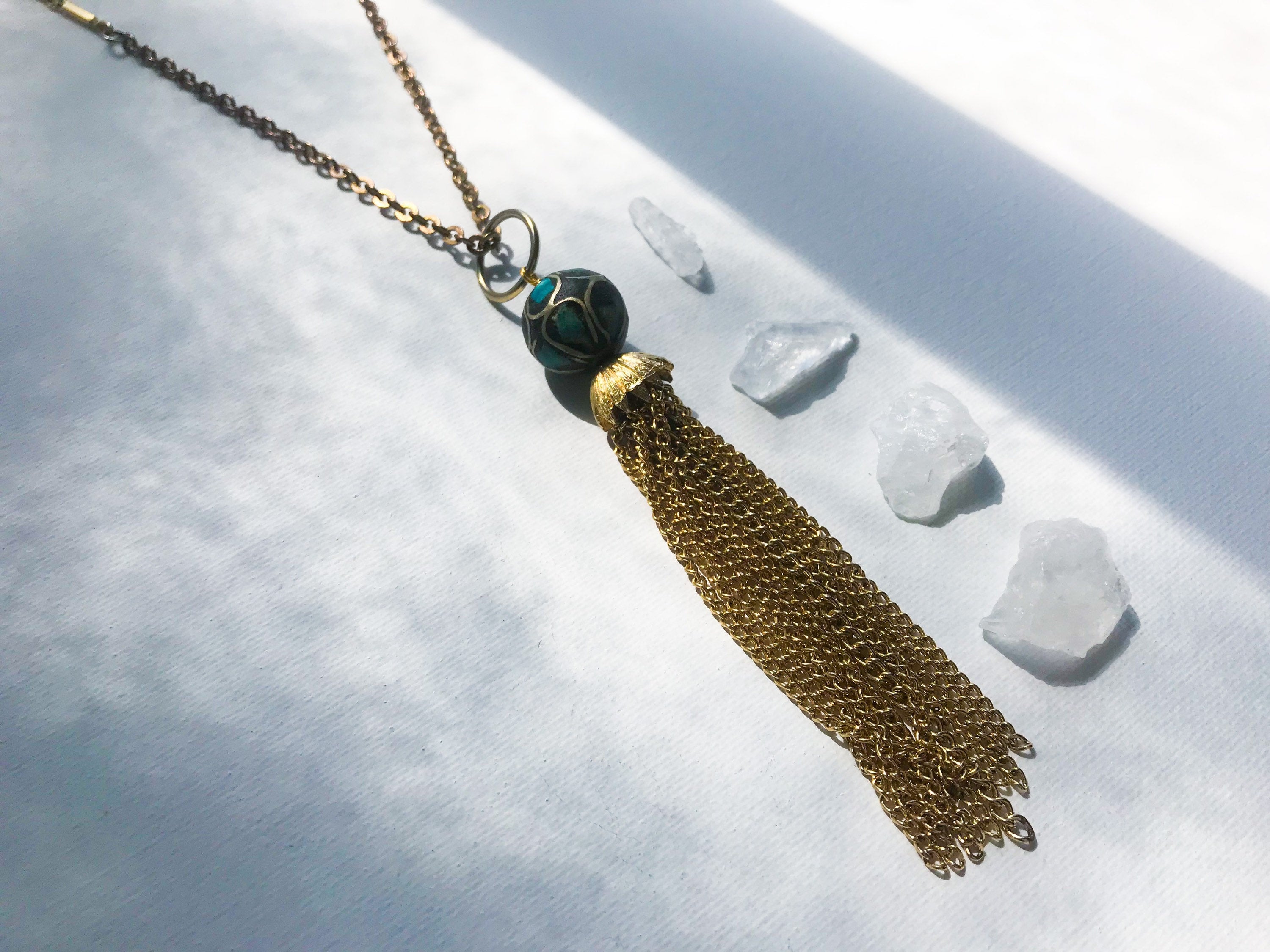 Casablanca Necklace - Vintage Blue and Green Mosaic Moroccan Bead, Gold-Tone Handmade Tassel & Reclaimed Chain Statement Necklace/Layering