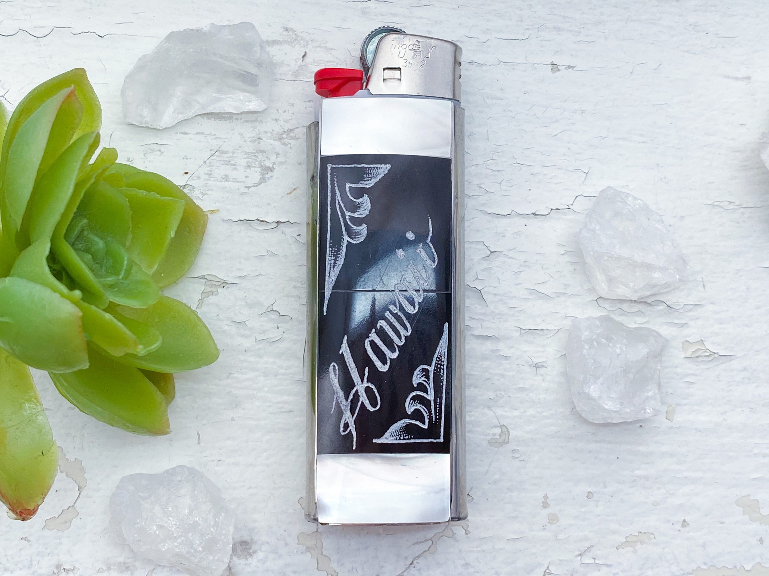Hawaii Lighter Cover - Vintage Hawaii Souvenir Motif Etched Black Stone and Nickel Silver Lighter Cover/Lighter Case/Lighter Sleeve/Holder