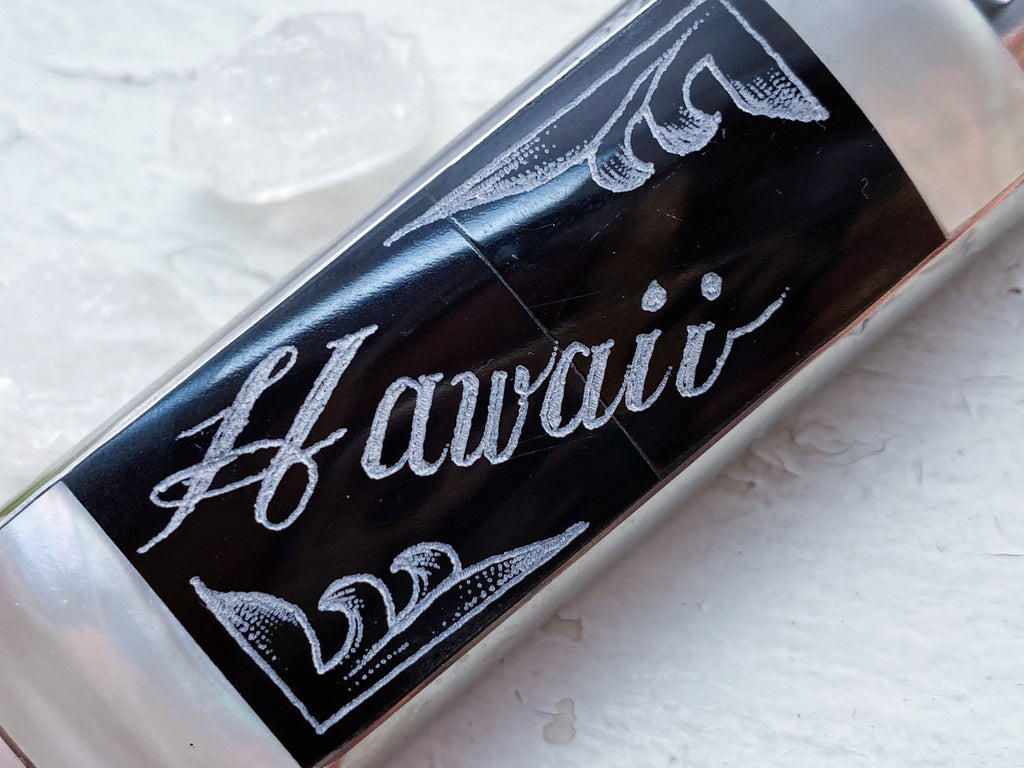 Hawaii Lighter Cover - Vintage Hawaii Souvenir Motif Etched Black Stone and Nickel Silver Lighter Cover/Lighter Case/Lighter Sleeve/Holder