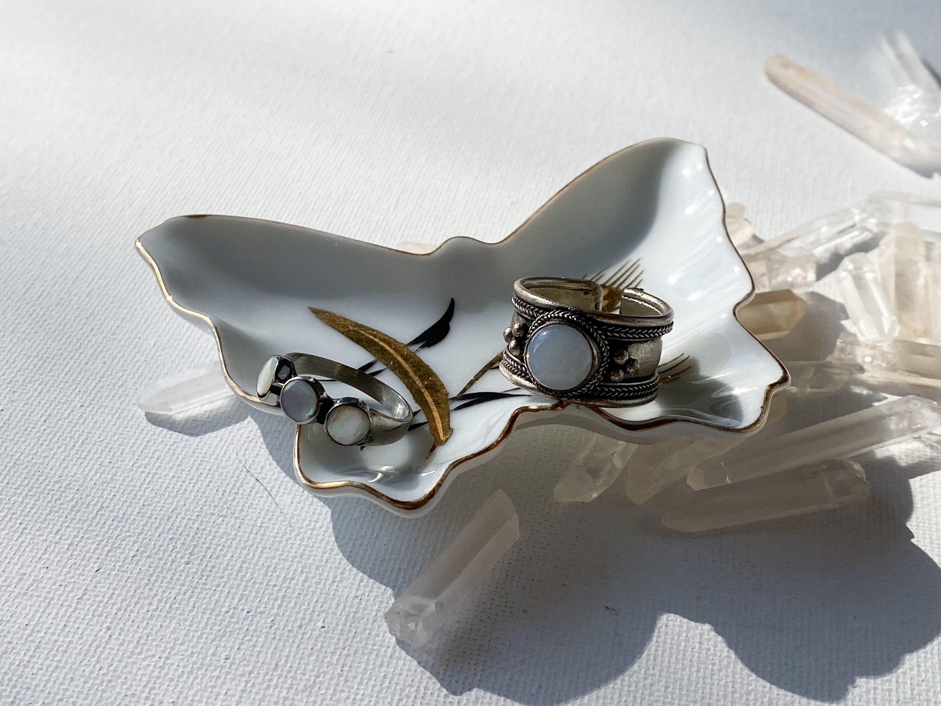 Pieris Butterfly Trinket Dish - Vintage White and Gold Japanese Butterfly Porcelain Jewelry Trinket Tray/Ring Dish/Ashtray/Jewelry Bowl