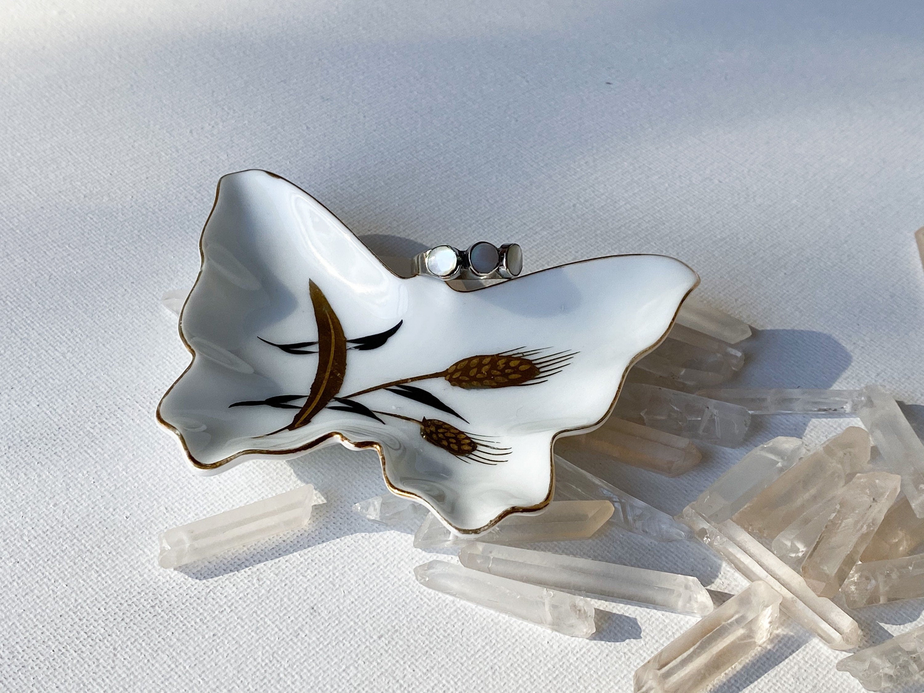 Pieris Butterfly Trinket Dish - Vintage White and Gold Japanese Butterfly Porcelain Jewelry Trinket Tray/Ring Dish/Ashtray/Jewelry Bowl