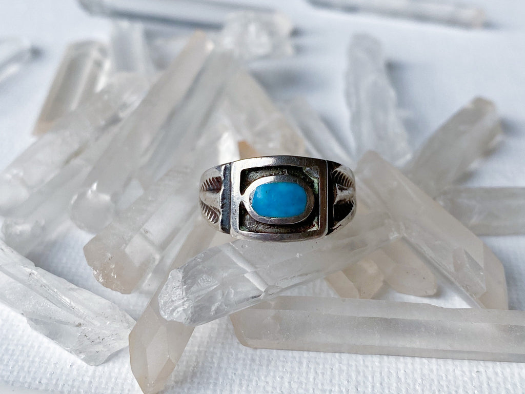 Evil Eye Ring - Vintage 925 Stamped Engraved Sterling Silver and Genuine Turquoise Ring Size 5.5