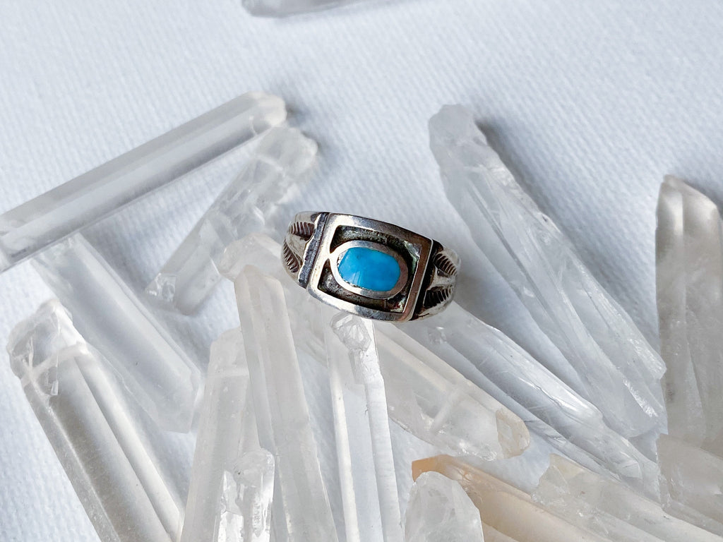 Evil Eye Ring - Vintage 925 Stamped Engraved Sterling Silver and Genuine Turquoise Ring Size 5.5