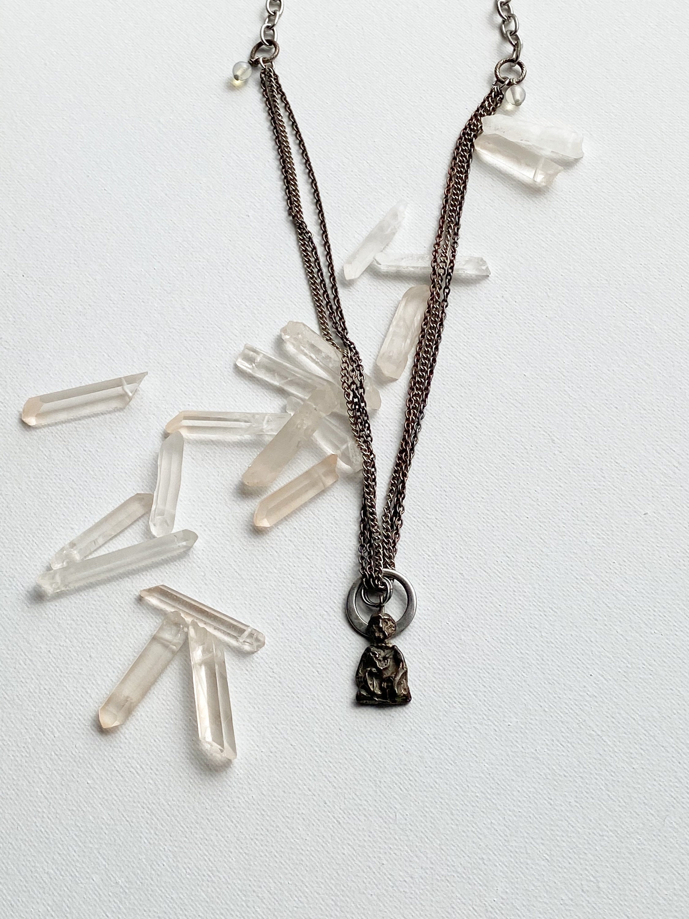 Deity Necklace - Silver-Tone Curated Necklace with Diety Charm, Moonstone Beads & Reclaimed Chain