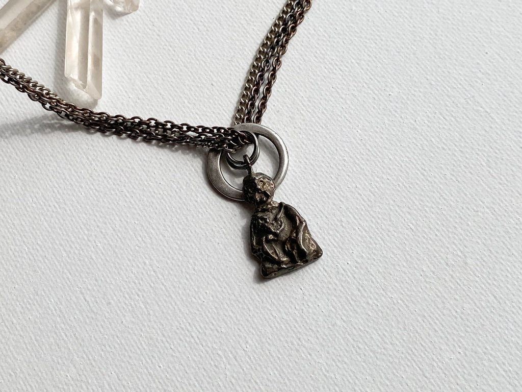 Deity Necklace - Silver-Tone Curated Necklace with Diety Charm, Moonstone Beads & Reclaimed Chain
