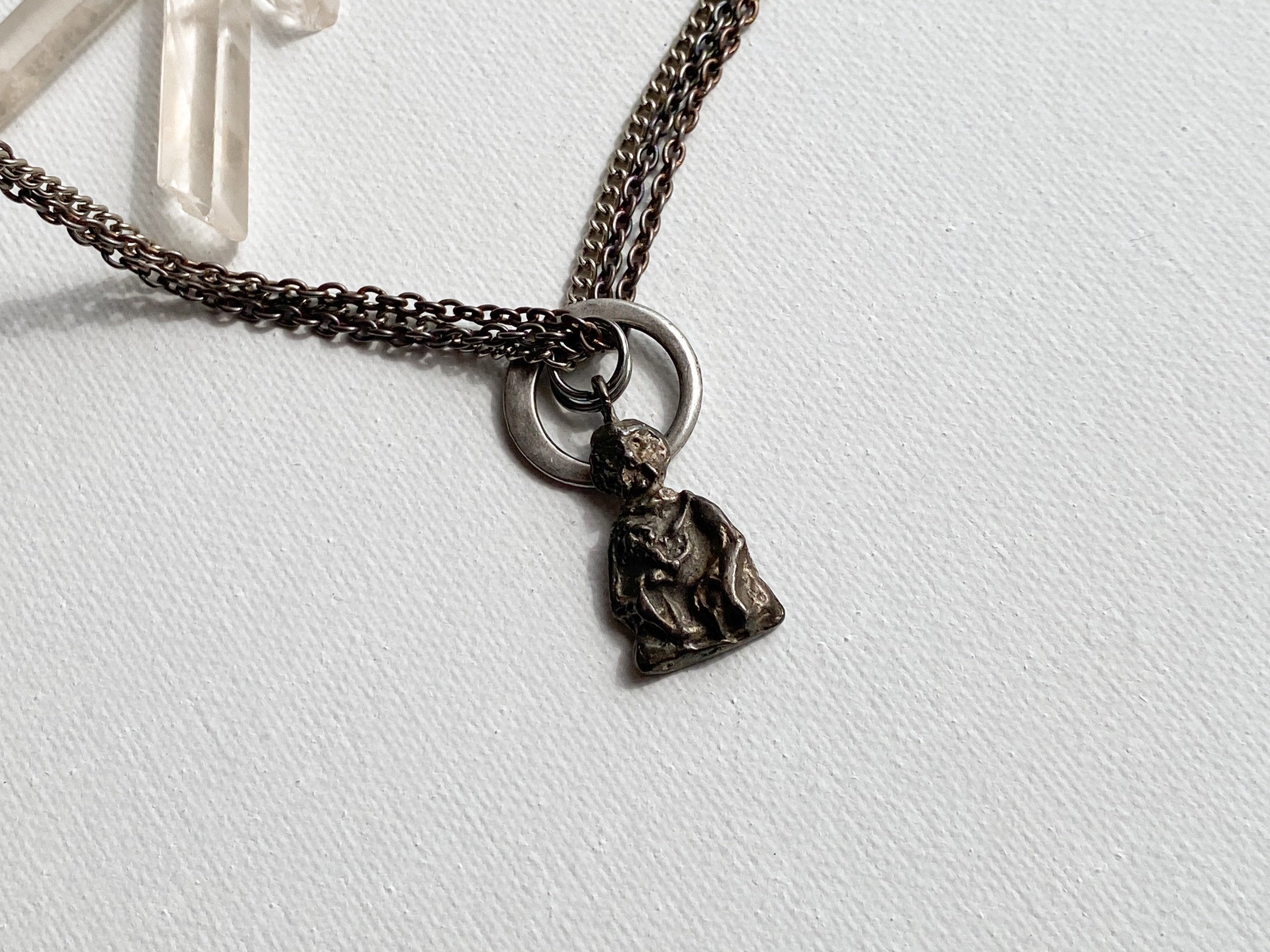 Deity Necklace - Silver-Tone Curated Necklace with Diety Charm, Moonstone Beads & Reclaimed Chain