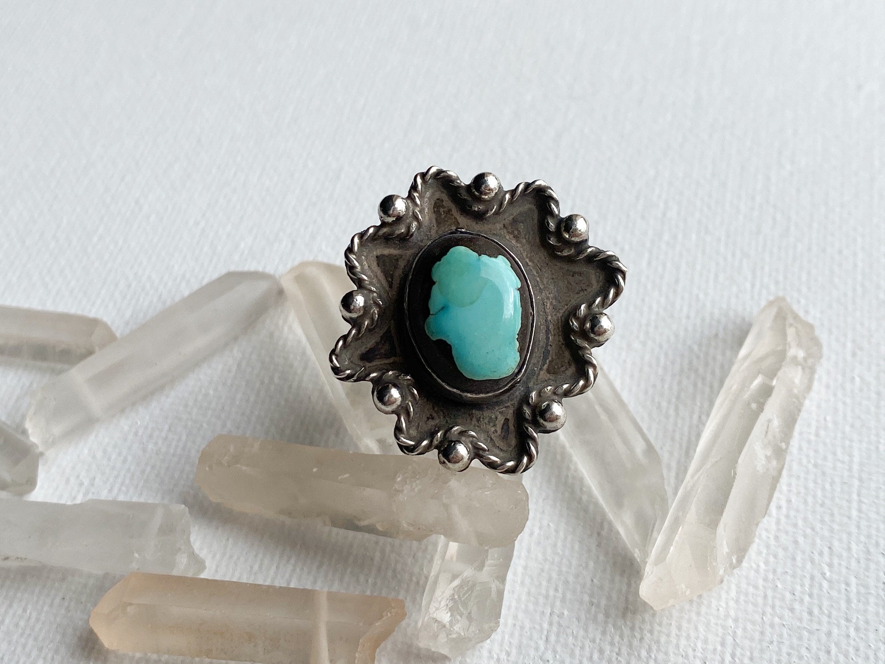 Pocatello Ring - Vintage Sterling Silver and Turquoise Enamel Ring Size 10