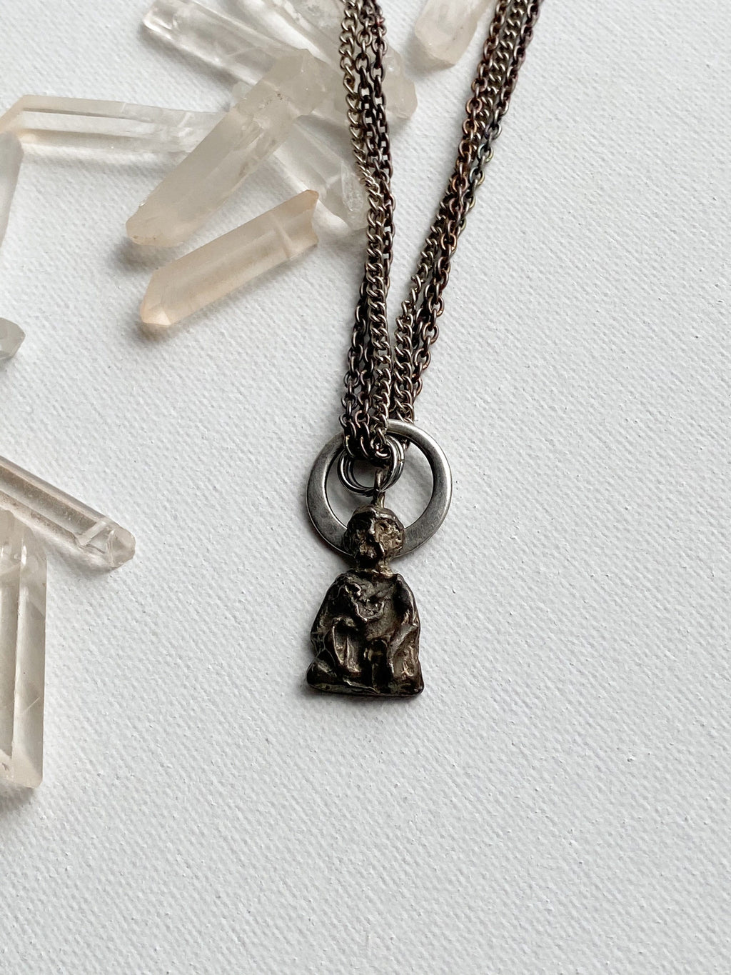Deity Necklace - Silver-Tone Curated Necklace with Diety Charm, Moonstone Beads & Reclaimed Chain