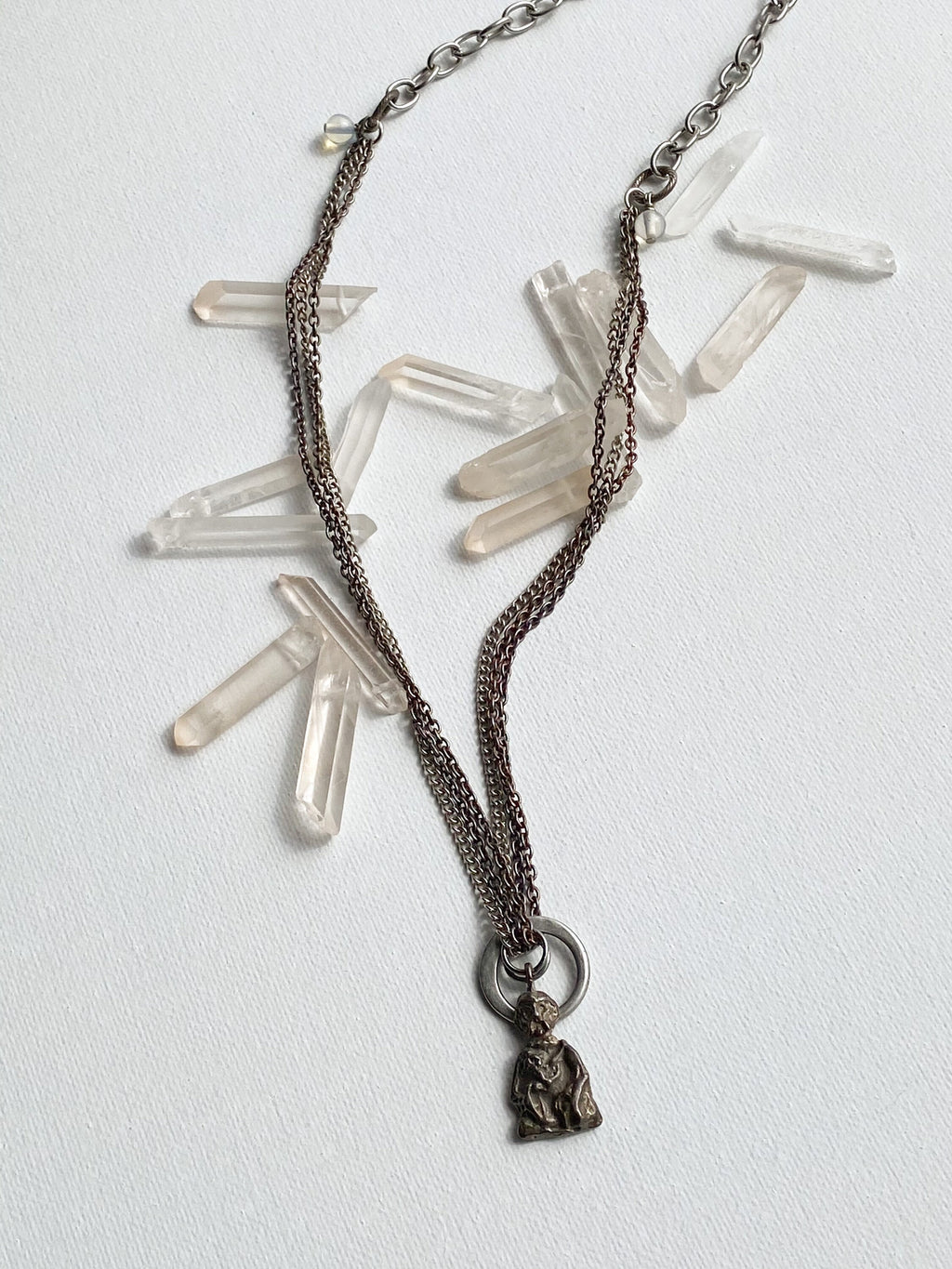 Deity Necklace - Silver-Tone Curated Necklace with Diety Charm, Moonstone Beads & Reclaimed Chain