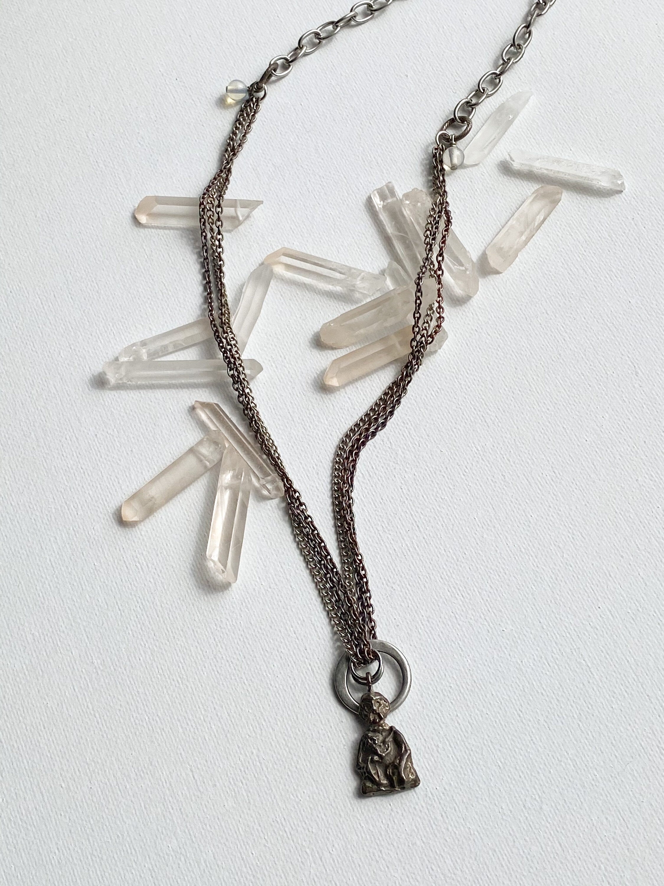 Deity Necklace - Silver-Tone Curated Necklace with Diety Charm, Moonstone Beads & Reclaimed Chain