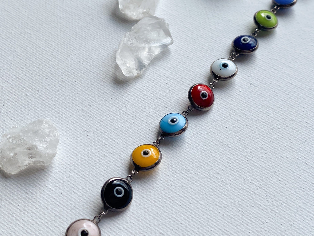 Eye on You Bracelet - Vintage Sterling Silver Rainbow Multicolored Glass Evil Eye Bracelet