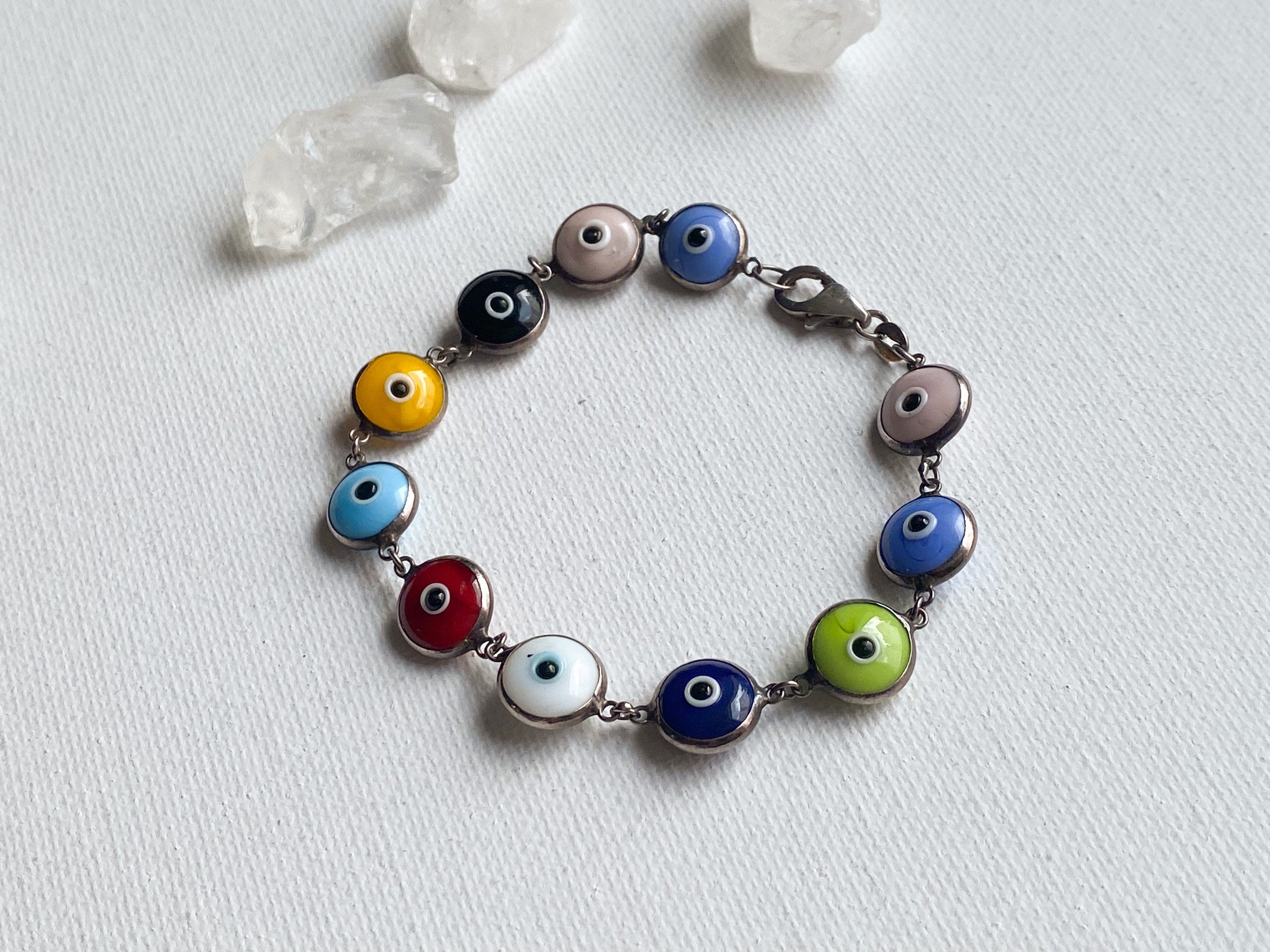 Eye on You Bracelet - Vintage Sterling Silver Rainbow Multicolored Glass Evil Eye Bracelet
