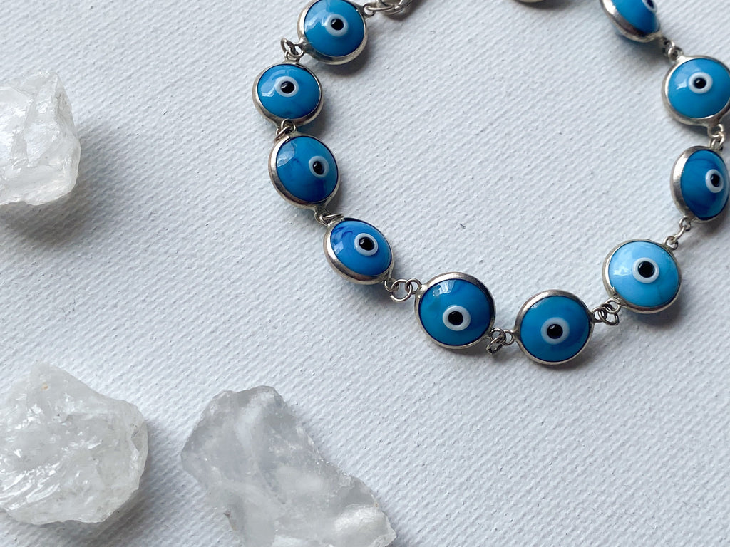 Eye on You Bracelet - Vintage Sterling Silver Light Blue Glass Evil Eye Bracelet