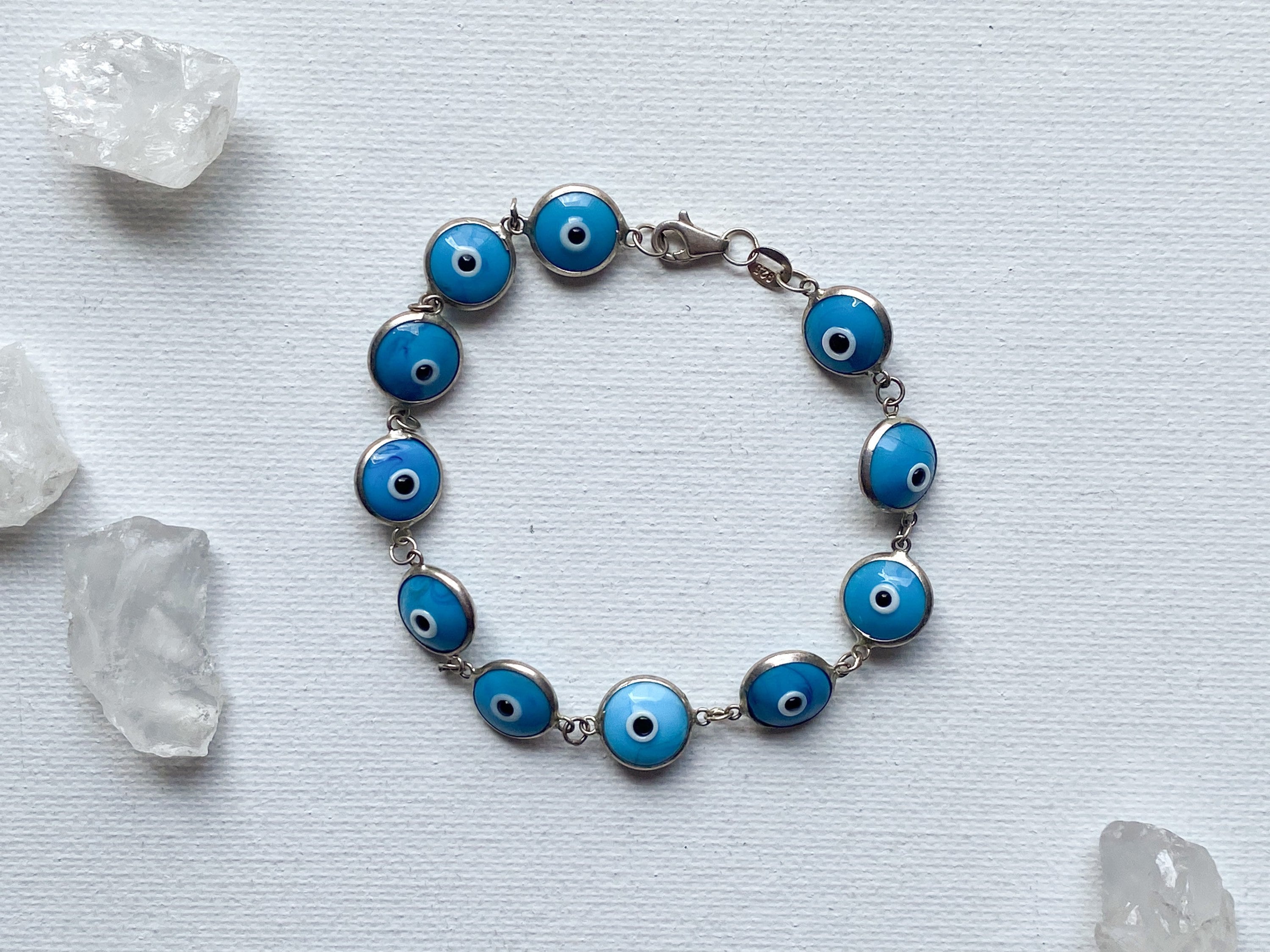 Eye on You Bracelet - Vintage Sterling Silver Light Blue Glass Evil Eye Bracelet