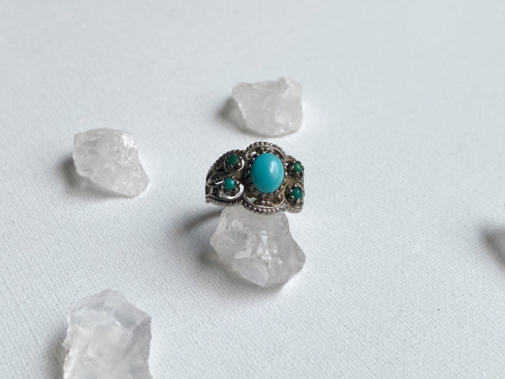Etna Ring - Vintage Unstamped Sterling Silver and Genuine Turquoise Ring Size 7 1/4