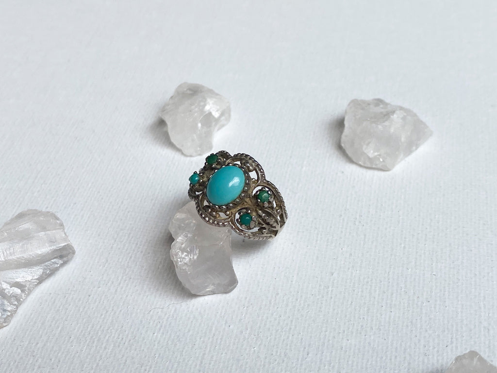 Etna Ring - Vintage Unstamped Sterling Silver and Genuine Turquoise Ring Size 7 1/4