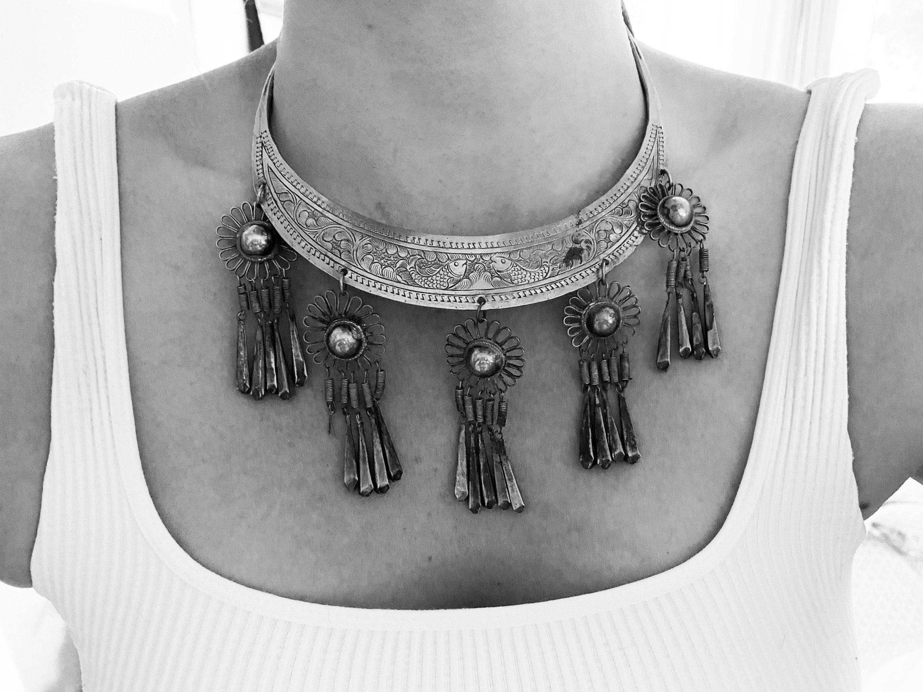 Pisces Necklace - Vintage Hmong Etched Silver Twin Fish Bib Necklace/Collar Necklace/Choker Necklace/Statement Necklace/Unique Necklace