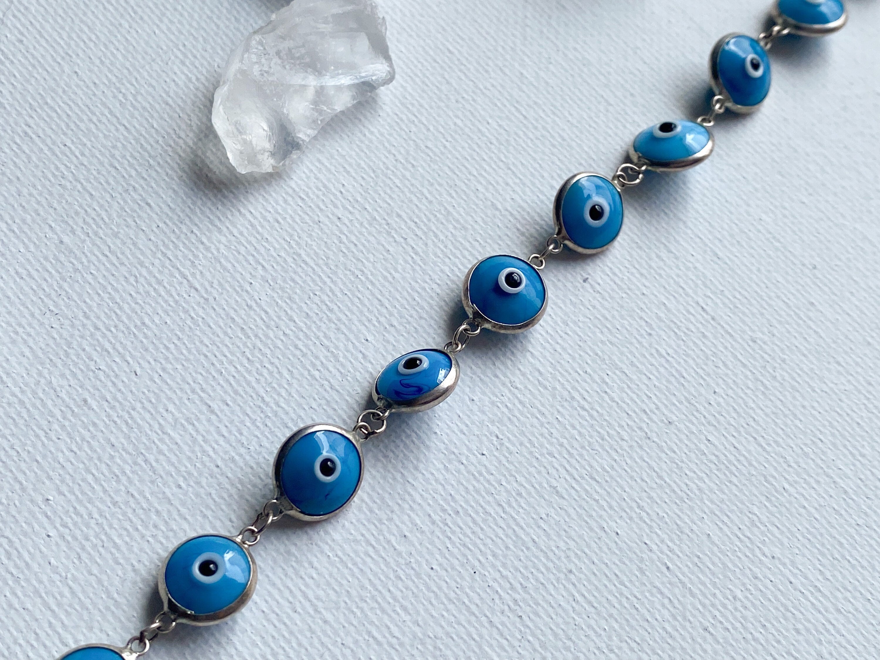 Eye on You Bracelet - Vintage Sterling Silver Light Blue Glass Evil Eye Bracelet