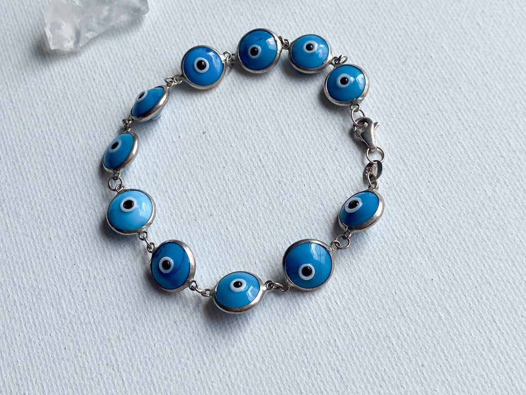 Eye on You Bracelet - Vintage Sterling Silver Light Blue Glass Evil Eye Bracelet