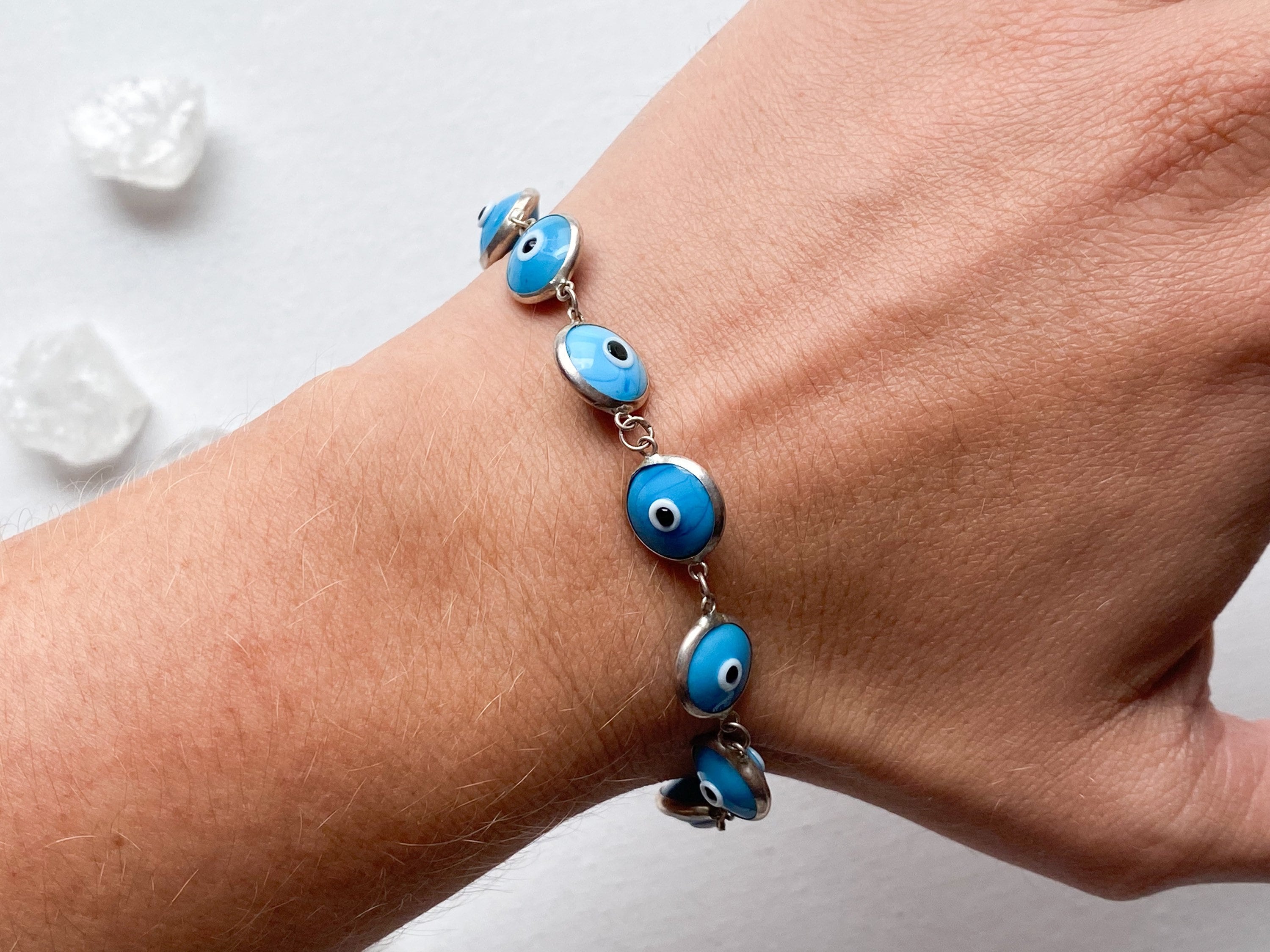 Eye on You Bracelet - Vintage Sterling Silver Light Blue Glass Evil Eye Bracelet