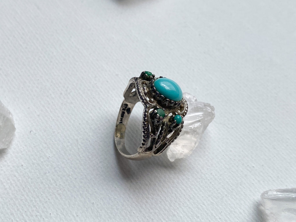 Etna Ring - Vintage Unstamped Sterling Silver and Genuine Turquoise Ring Size 7 1/4