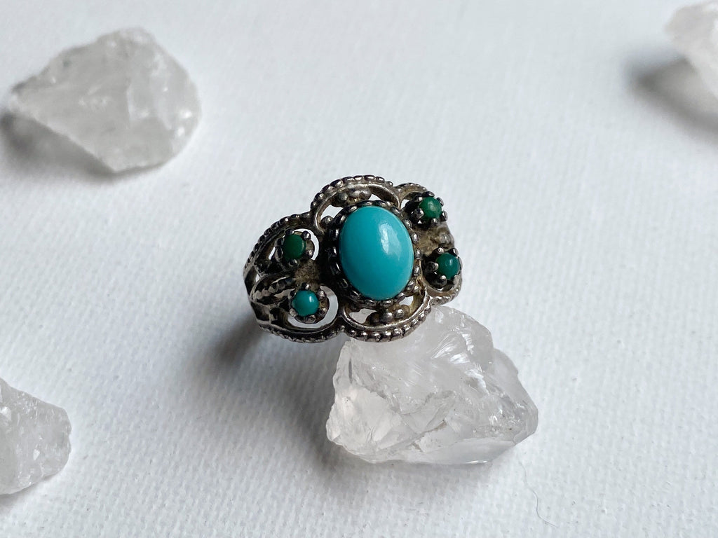 Etna Ring - Vintage Unstamped Sterling Silver and Genuine Turquoise Ring Size 7 1/4