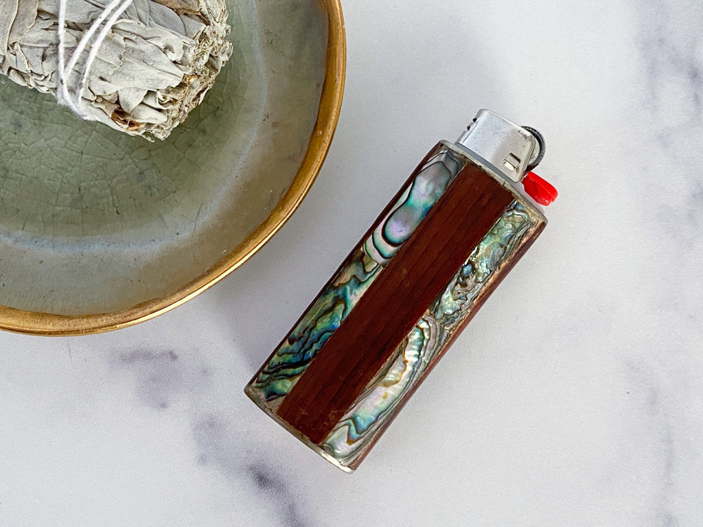Coastal Lighter Cover - Vintage Wood, Rainbow Abalone Shell Mother of Pearl and Mexico Alpaca Nickel Silver Lighter Cover/Case/Sleeve/Holder