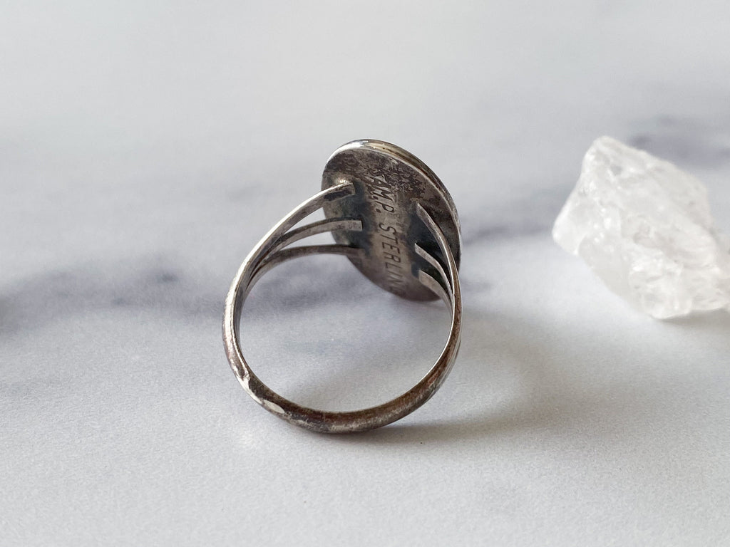 Azalea Ring - Vintage Sterling Silver and Neutral Shimmering White Oval Stone Ring Size 9