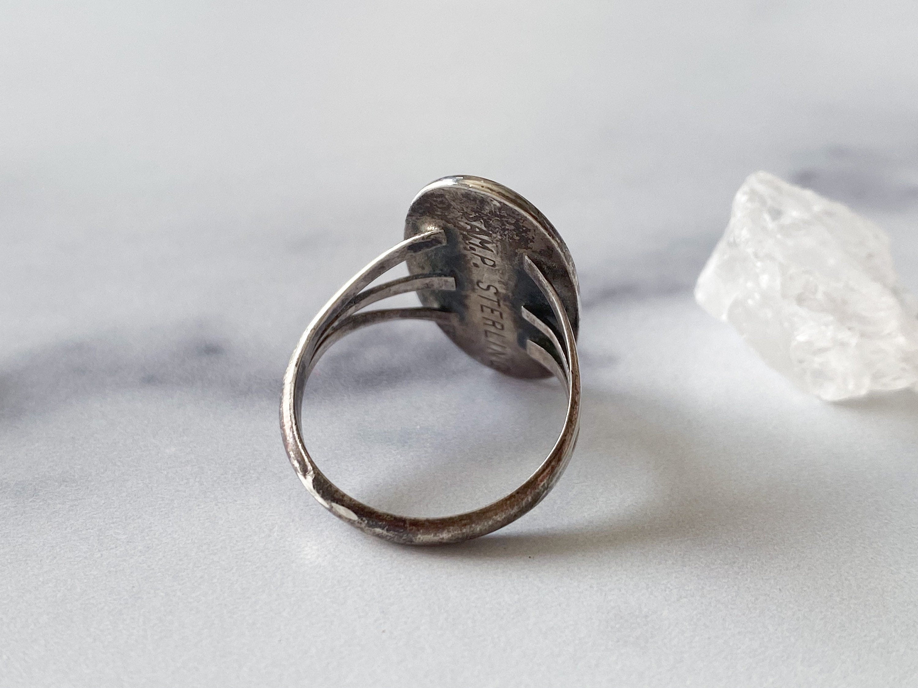 Azalea Ring - Vintage Sterling Silver and Neutral Shimmering White Oval Stone Ring Size 9