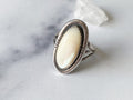Azalea Ring - Vintage Sterling Silver and Neutral Shimmering White Oval Stone Ring Size 9