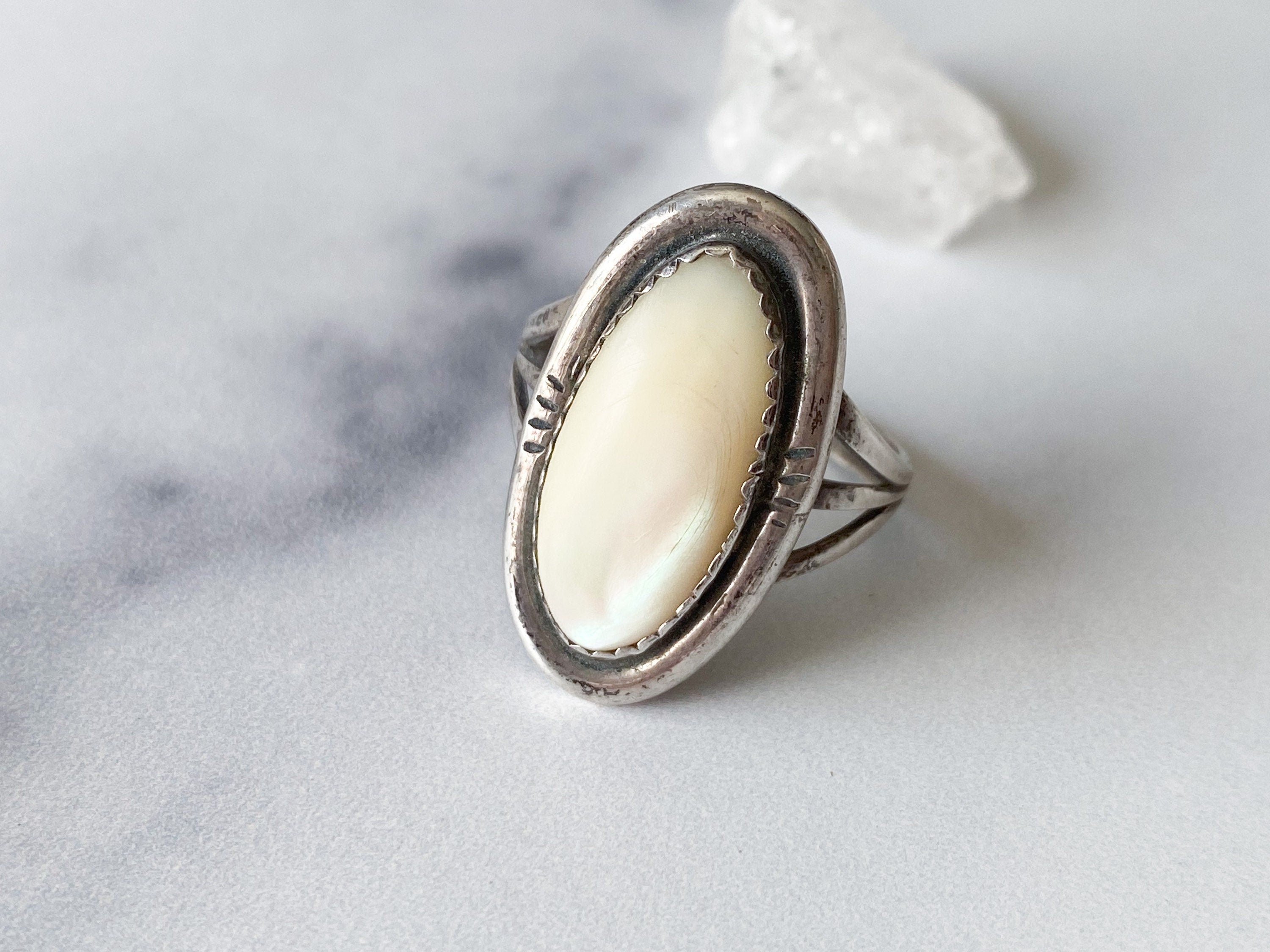 Azalea Ring - Vintage Sterling Silver and Neutral Shimmering White Oval Stone Ring Size 9