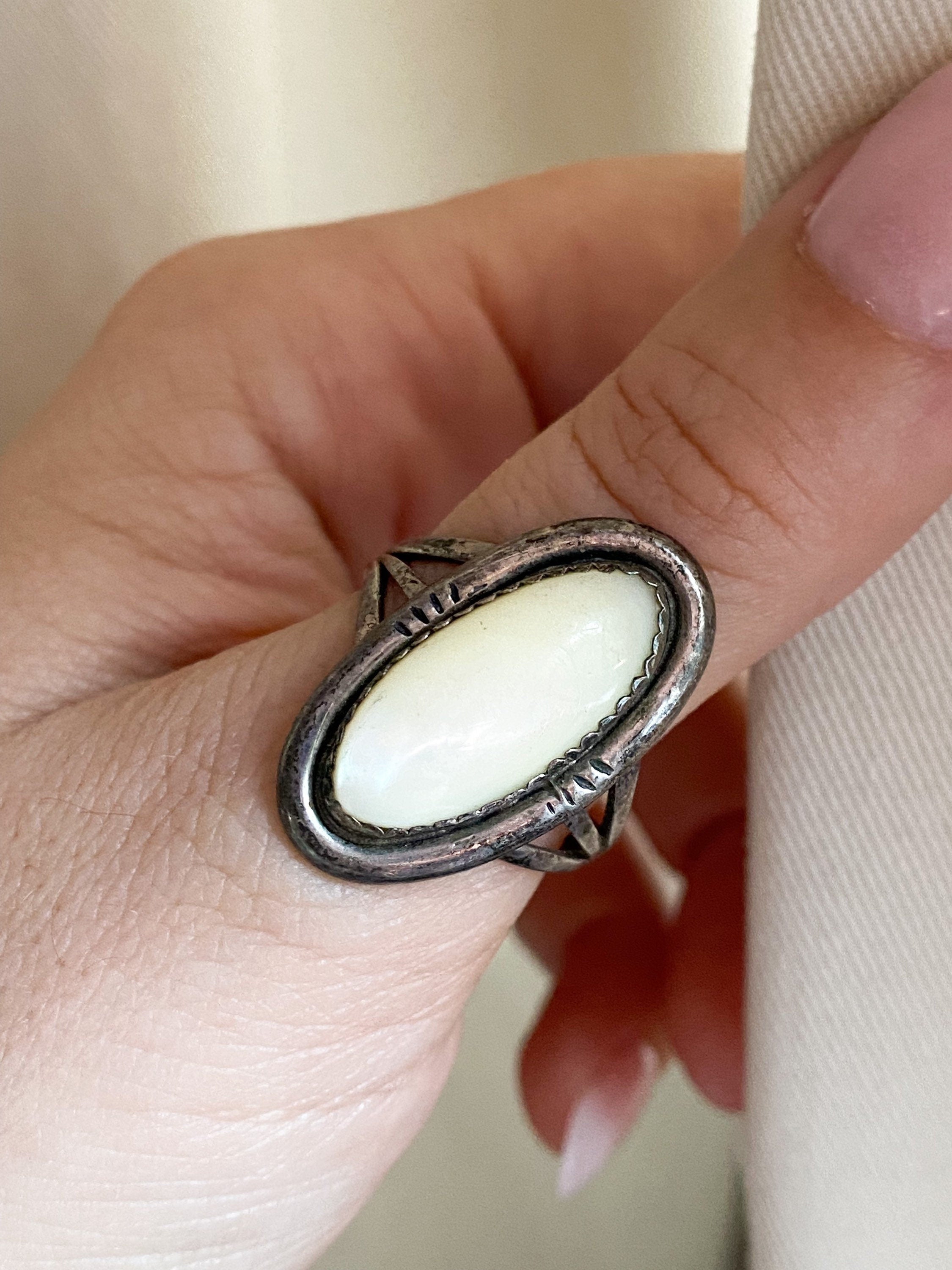 Azalea Ring - Vintage Sterling Silver and Neutral Shimmering White Oval Stone Ring Size 9