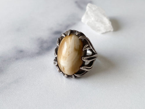Antler Ring - Vintage Sterling Silver Neutral Stone Cabochon Ring Size 6