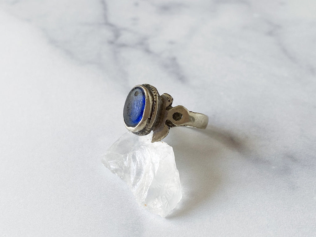 Tirin Ring - Vintage Silver-Tone Oval Blue Glass Stone Ring from Afghanistan /Unique Ring/Beautiful Ring/Men's Ring /Women's Ring