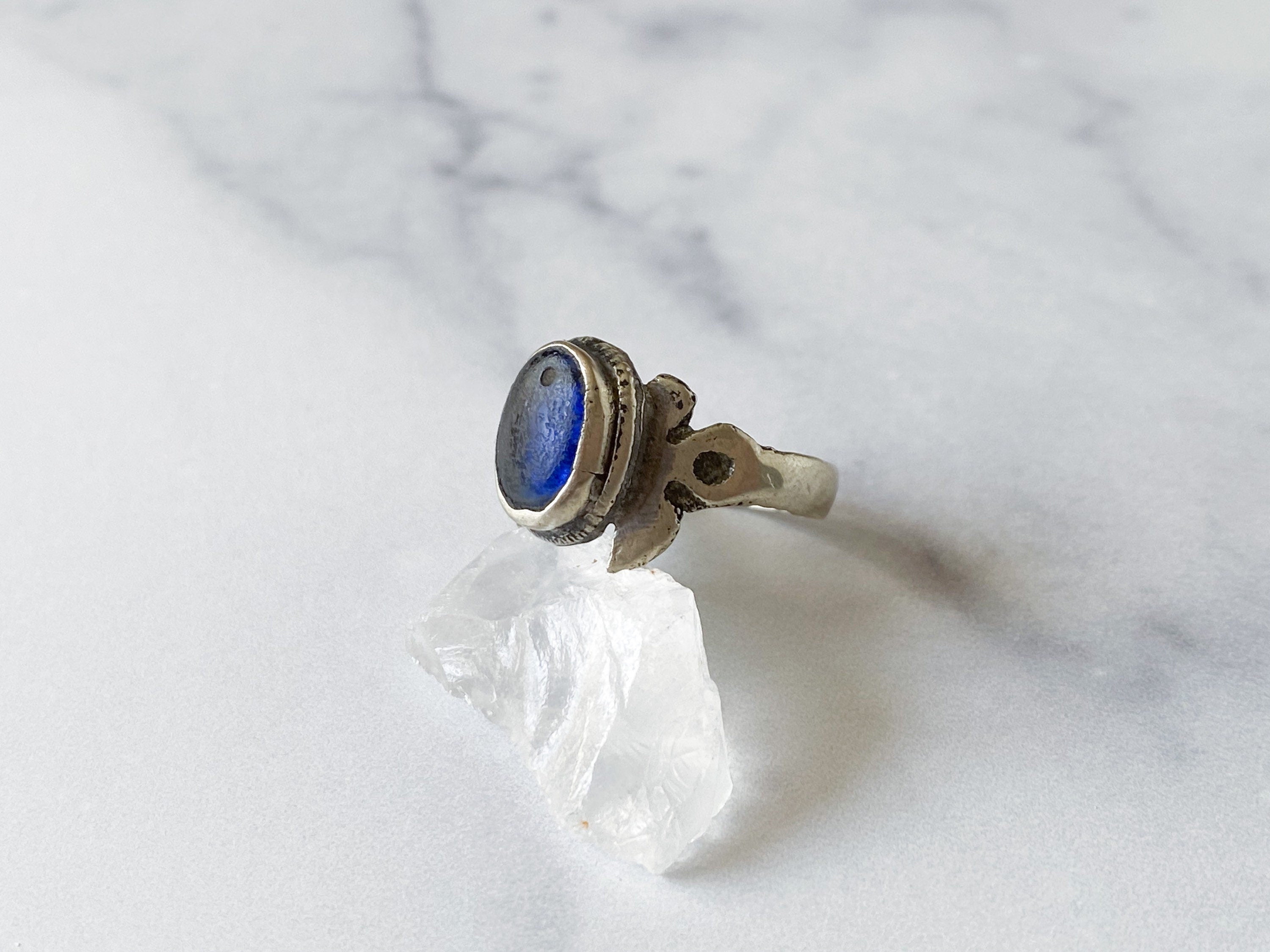 Tirin Ring - Vintage Silver-Tone Oval Blue Glass Stone Ring from Afghanistan /Unique Ring/Beautiful Ring/Men's Ring /Women's Ring